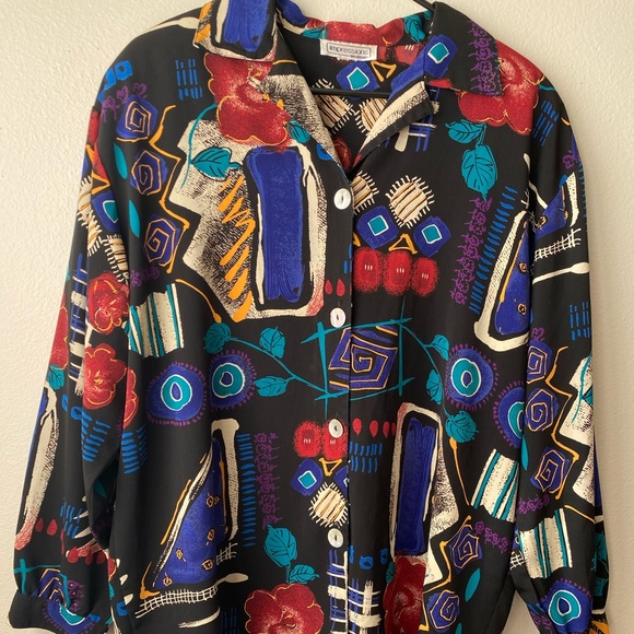 Abstract Silky Button Down Blouse VINTAGE - Picture 2 of 9